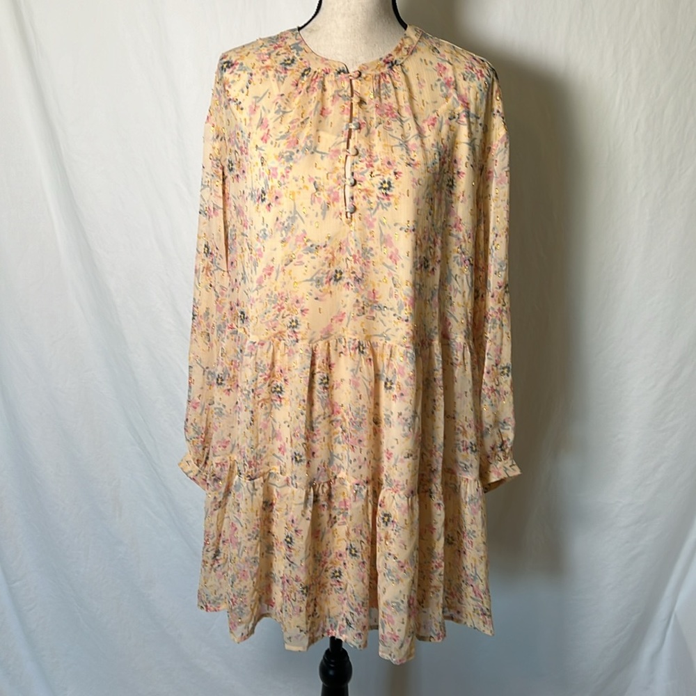 A.N.A New Apparel Size Large Long Sleeve Dress Slip Metallic Floral Buttons Pink